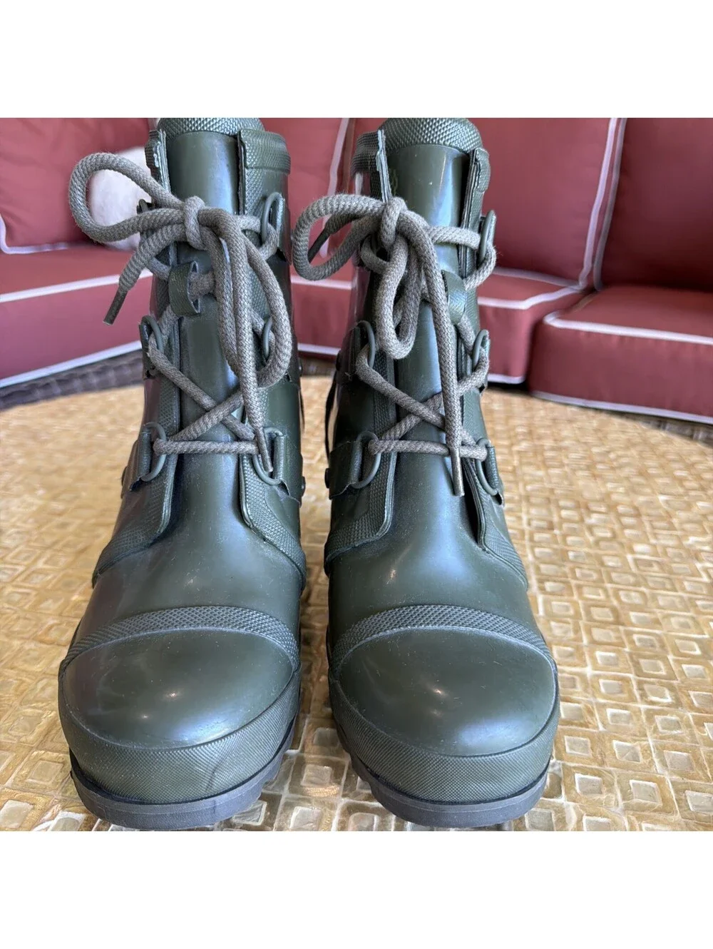 Sorel Womens Green Lace Up Wedge Heel Ankle Rain Boots Size US 8